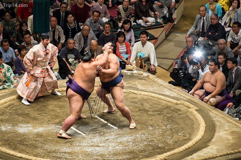 Các đô vật Sumo chiến đấu trong vòng đấu vật tại Ryogoku Kokugikan, Tokyo, Nhật Bản - Trip14.com