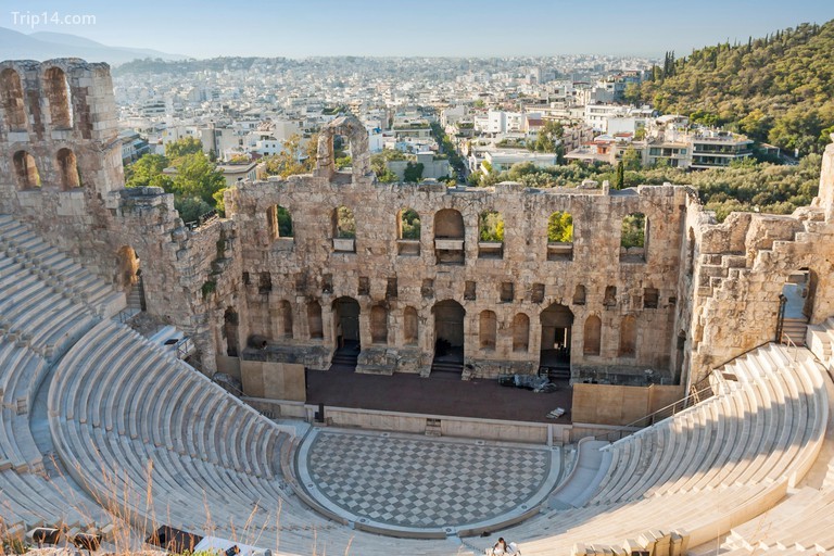 The Odeon of Herodes Atticus, a stone theatre structure in the Acropolis of Athens in Athens, Greece.