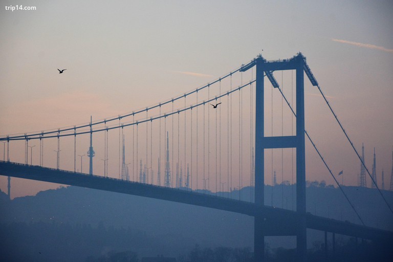 Hình bóng cây cầu Bosphorus vào sáng sớm trong khi mặt trời đang mọc - Trip14.com