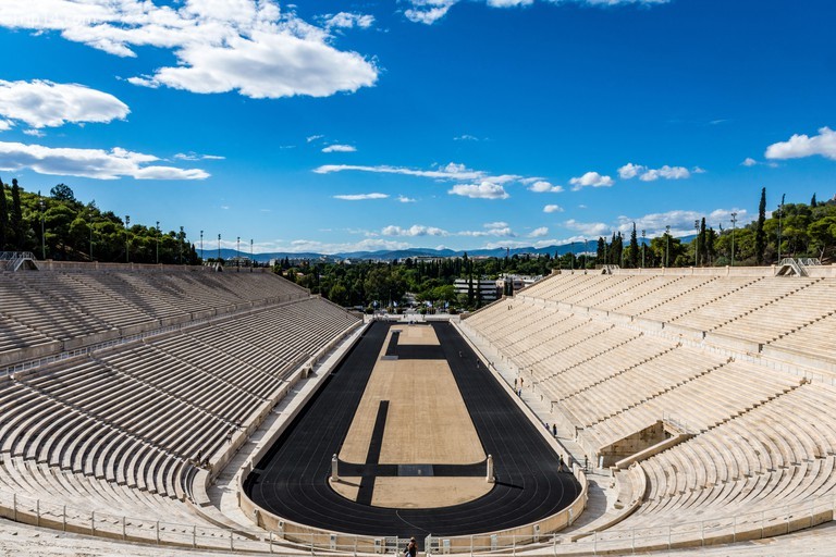 Panathenaic stadium with clouds in the sky, Athens, Greece