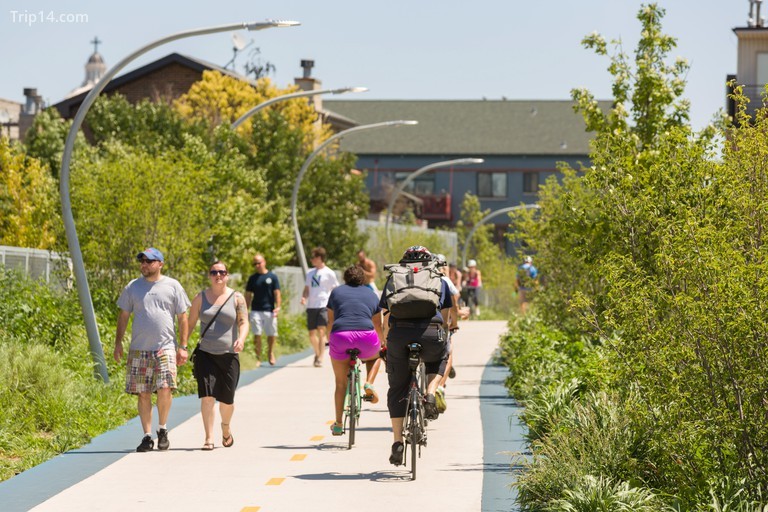 Người đi xe đạp trên đường mòn xe đạp trên cao, không gian xanh và công viên được xây dựng trên Đường Bloomingdale cũ trong khu phố Wicker Park ở Chicago, Illinois, Hoa Kỳ - Trip14.com