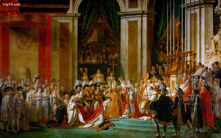 Lễ đăng quang của Napoleon - Josephine quỳ gối trước Napoleon trong lễ đăng quang của ông tại Nhà thờ Đức Bà. Đằng sau anh ta là giáo hoàng Pius VII. Jacques-Louis David, khoảng năm 1804 - Trip14.com